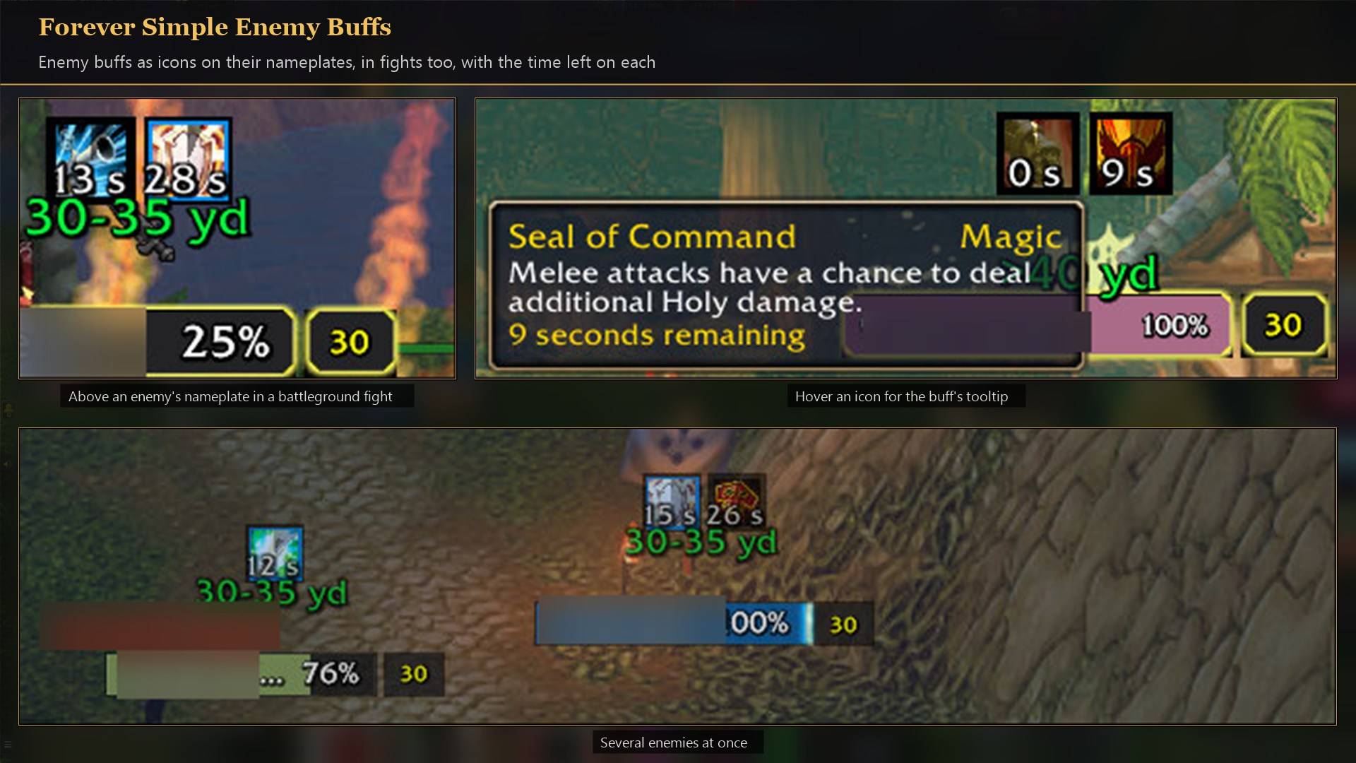 Buff icons with time left above enemy nameplates in battleground fights, with a tooltip on hover.