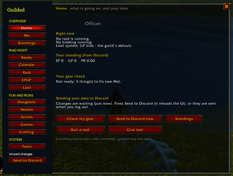 Open your guild tools from one in-game window: gear checks, standings, loot and crafting. Optional Discord integration requires setup and personal pairing. Character and guild identifiers have been redacted for privacy.