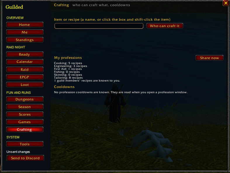 Search for an item or recipe, share your learned recipes, and view profession cooldowns. Names and identifying player-frame details are hidden for privacy.