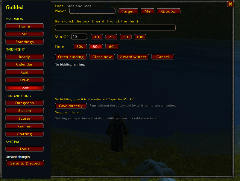 Set minimum GP and a bidding timer, collect responses, and award loot from one panel. This screenshot shows the idle setup state. Character identifiers are redacted.