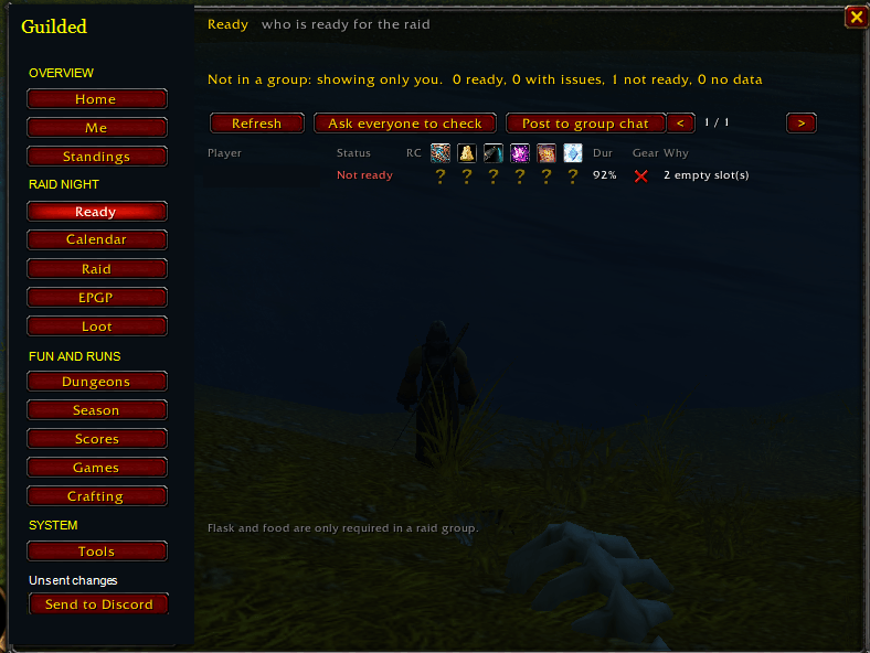 Thumbnail Review readiness, durability and missing equipment, request checks, and share results with your group. Shown here in solo mode. Character identifiers are redacted.