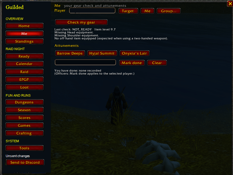 Thumbnail Check equipment issues and record attunement progress from the Me tab. Officers can select a player to manage recorded attunements. Character identifiers are redacted.