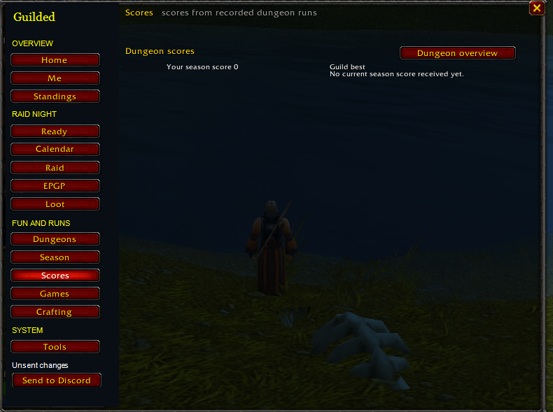 Thumbnail View your season score and received guild-best summary, then open the dungeon overview for more detail. This screenshot shows an empty season. Character identifiers are redacted.