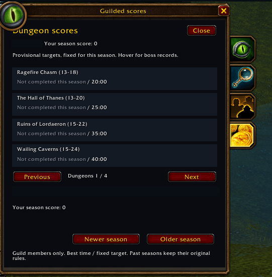 Thumbnail Preview of the newer local score-panel layout: dungeon level ranges, fixed seasonal targets and past-season navigation. This exact layout is not confirmed in the published download. Character and guild/season identifiers are redacted.