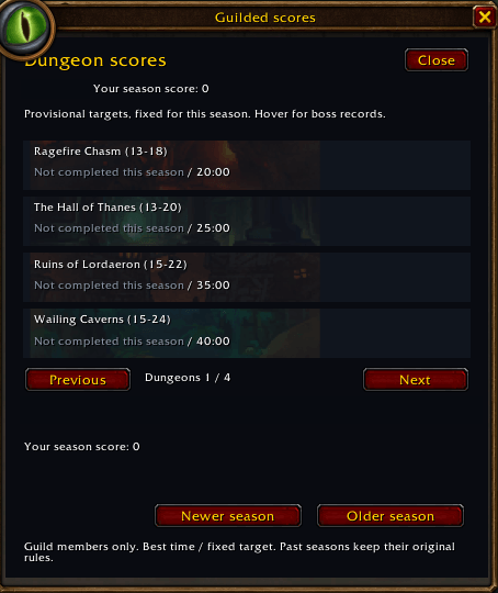 Thumbnail Browse dungeon targets, personal season progress and archived seasons in the in-game finder panel. Character and guild identifiers have been redacted for privacy.