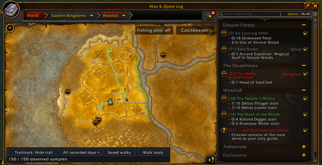 Thumbnail Trailmark 1.0.0: recorded footsteps, date filters and latest location on the normal M-key map. Other addons visible are not included.