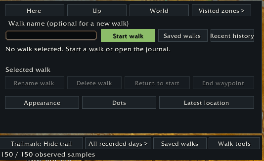 Thumbnail Start named walks, browse saved walks and recent history, navigate visited zones, and adjust trail appearance without opening a separate map window.