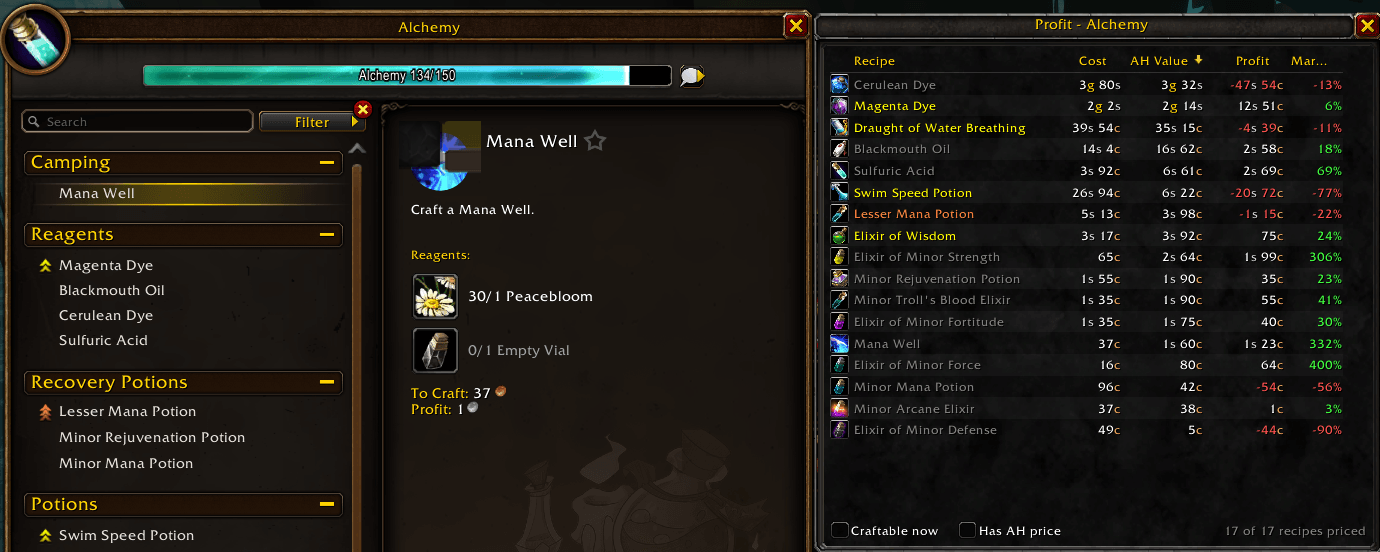ProfitSort panel next to the Alchemy window
