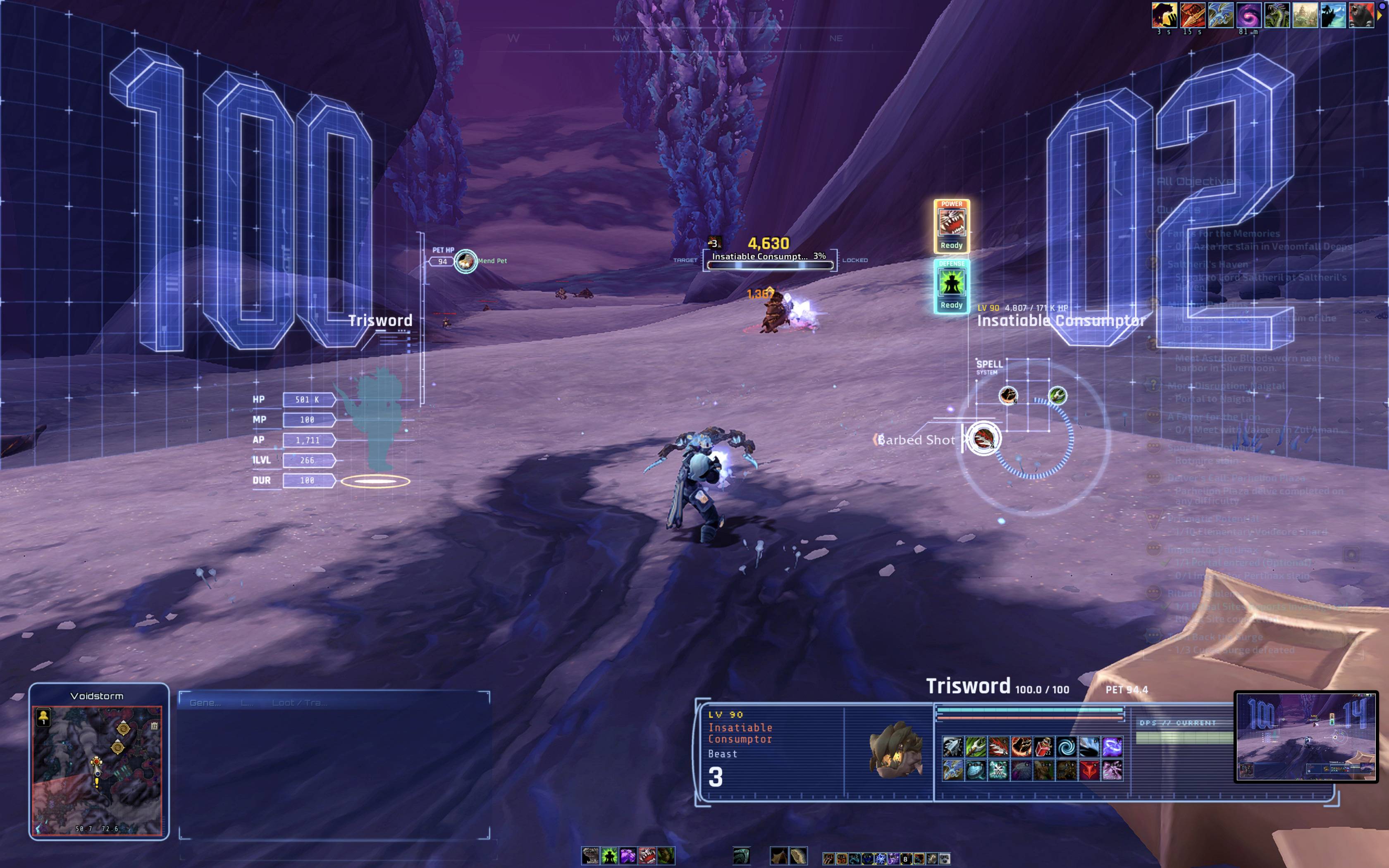 Thumbnail Giant 3D health numbers for you and your target, power and defense cards ready beside the spell ring