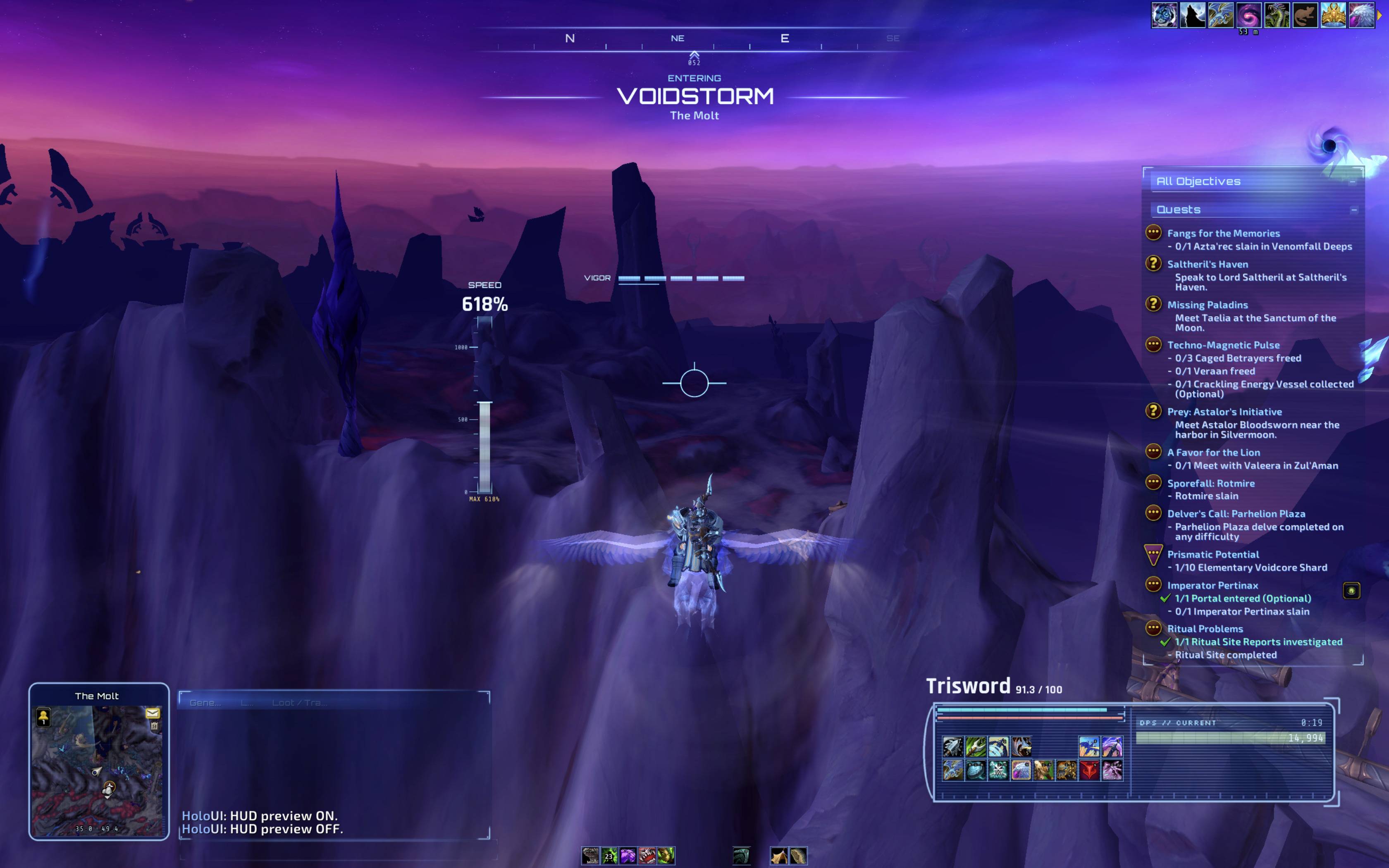 Thumbnail The skyriding HUD: speed tape, vigor and top speed, with the holographic zone banner.