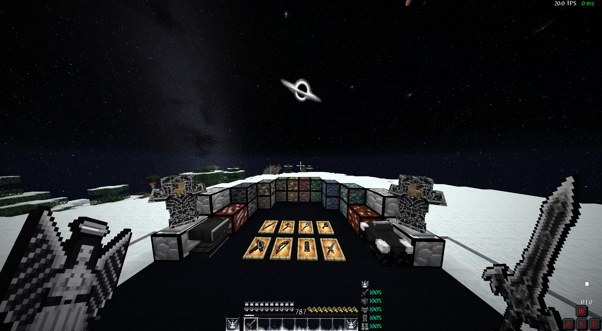 The black hole replaces the moon above a custom night sky. In front: framed ores, dark tools, gothic chests, the Angel Totem and the 64x netherite sword.