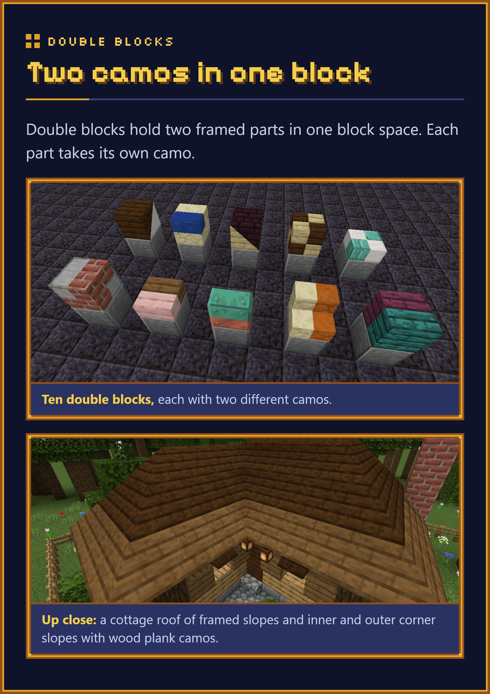 Two camos in one block. Double blocks hold two framed parts in one block space, and each part takes its own camo. A picture of ten double blocks, each with two different camos. Up close: the roof of a cottage, built from framed slopes and inner and outer corner slopes with wood plank camos.