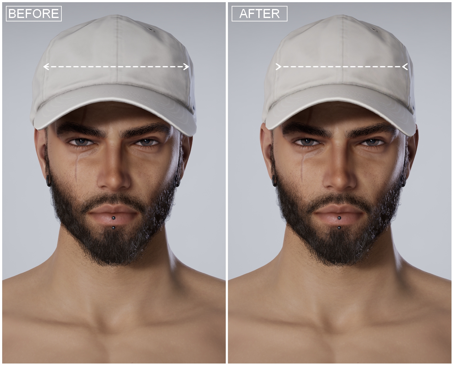 Thumbnail See the difference between the original inZOI baseball cap and the Slim Fit version. The refitted cap is narrower around the temples and upper head, providing a more natural fit for adult male Zois with the upper-head width set to its minimum.