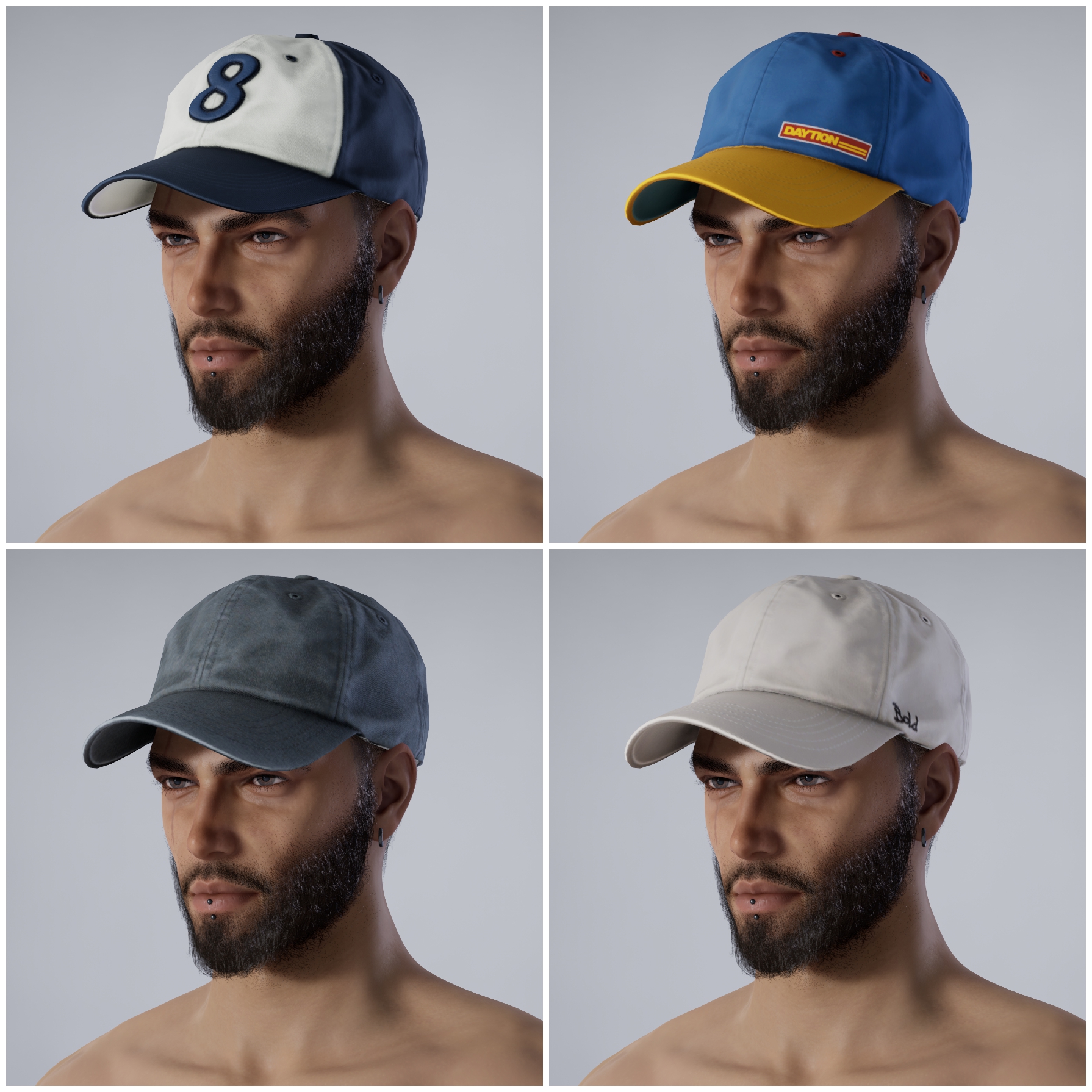 Thumbnail Preview of the four baseball cap styles available in Create a Zoi, resized for adult male Zois with narrow upper-head shapes. Original textures and customizable color zones are preserved.
