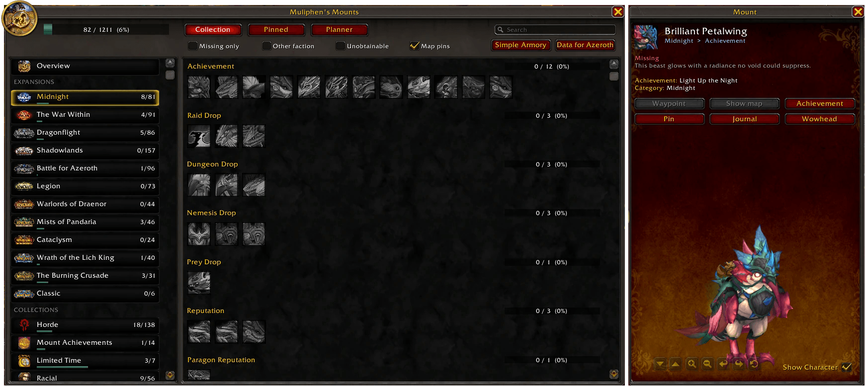 Thumbnail Every section with your progress, missing mounts in grey, and the mount card with its 3D model, source and waypoint.