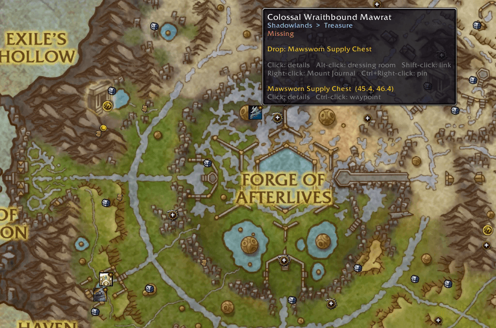 Thumbnail A pin for every missing mount on the world map. Click for details, Ctrl+Click for a waypoint.