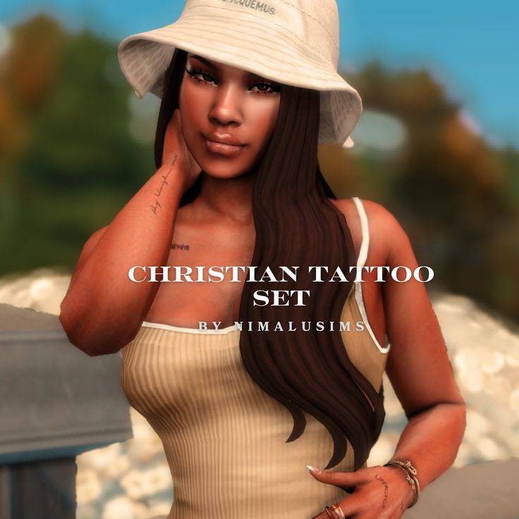 A female Sim, posing with her hand near her chin to showcase the Christian Tattoo Set.
