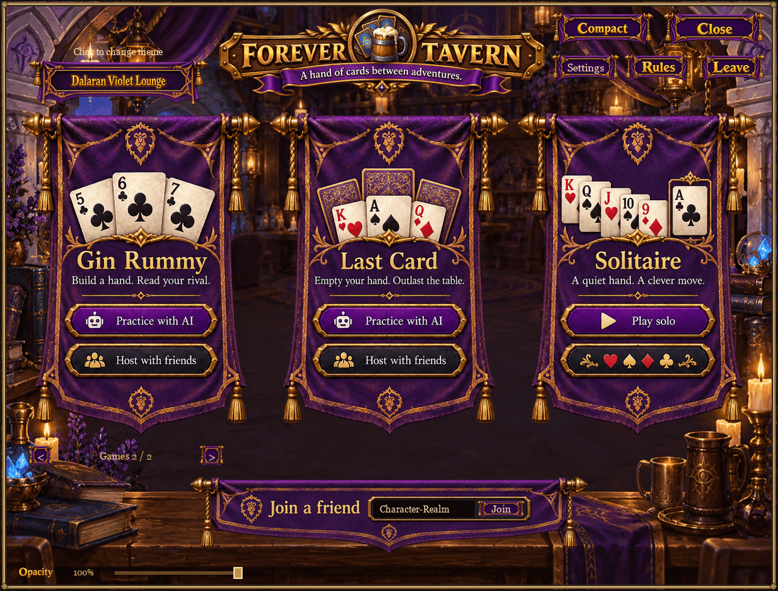 Gin Rummy, Last Card and solo Solitaire in the violet-banner menu.