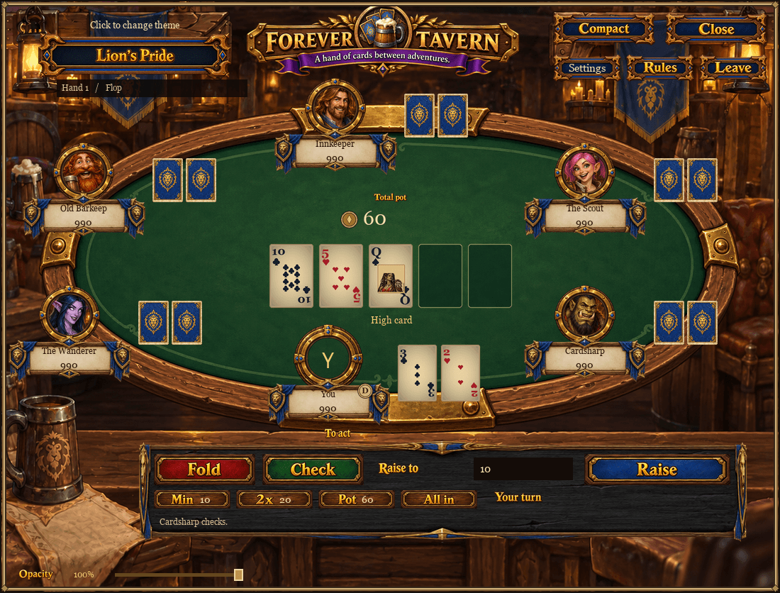 Community cards, player chips and a custom raise total at the Lion's Pride table.