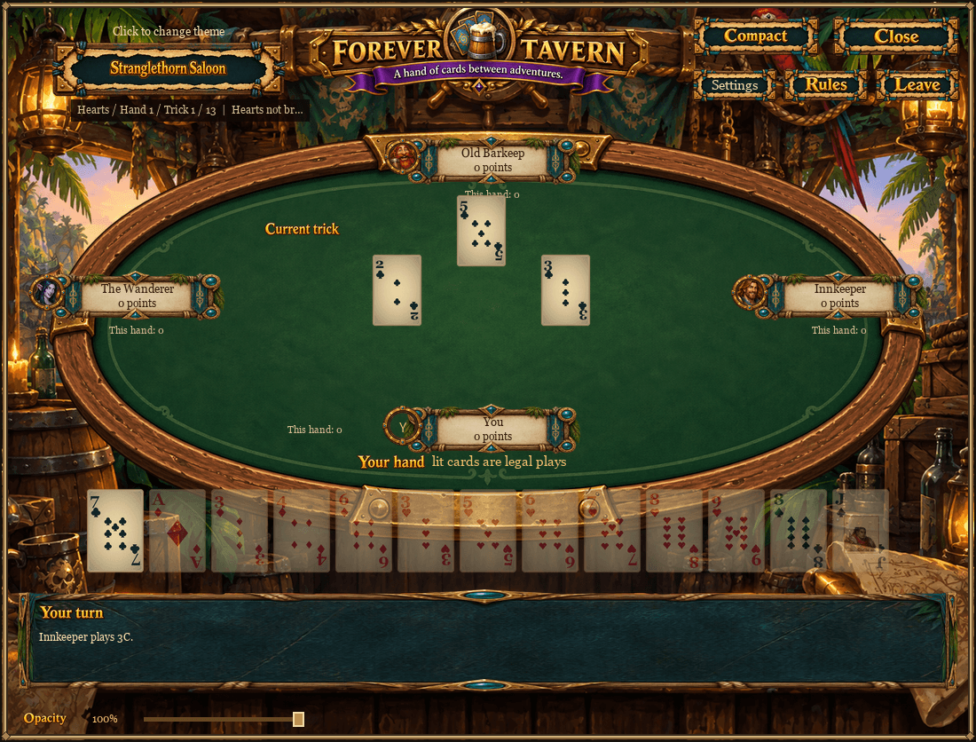Thumbnail Four-player Hearts with a sorted hand, trick area and score display.