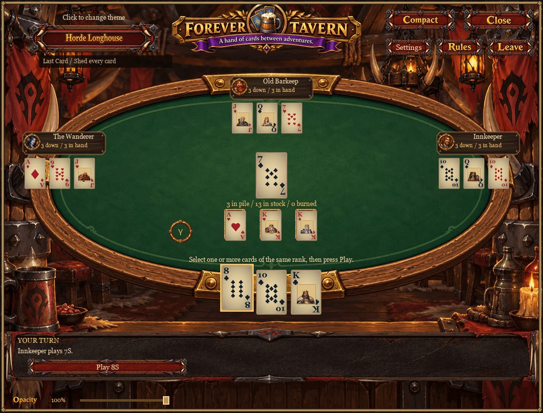 Thumbnail Sorted hand cards, visible table stacks, hidden cards and the shared played pile.