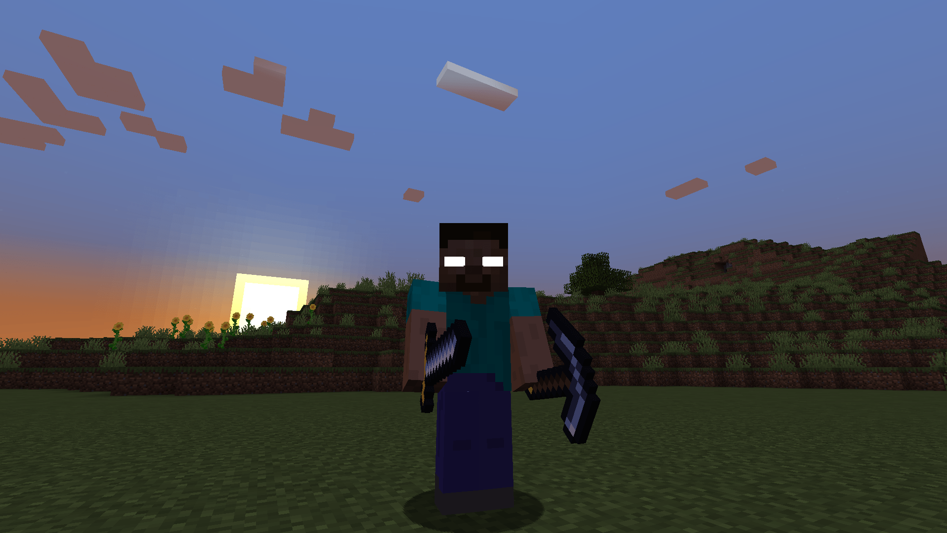 Herobrine standing in front of the sunset