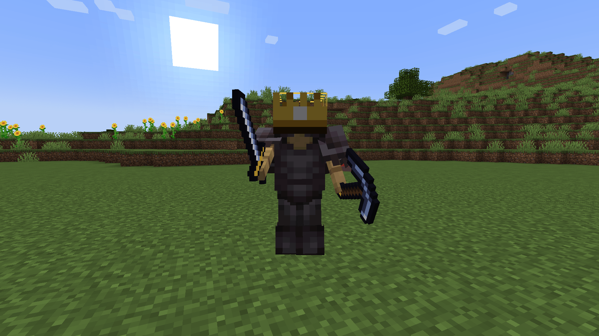 The Builder's Crown, Enhanced Sword and Herobrine's Pickaxe on an armor stand