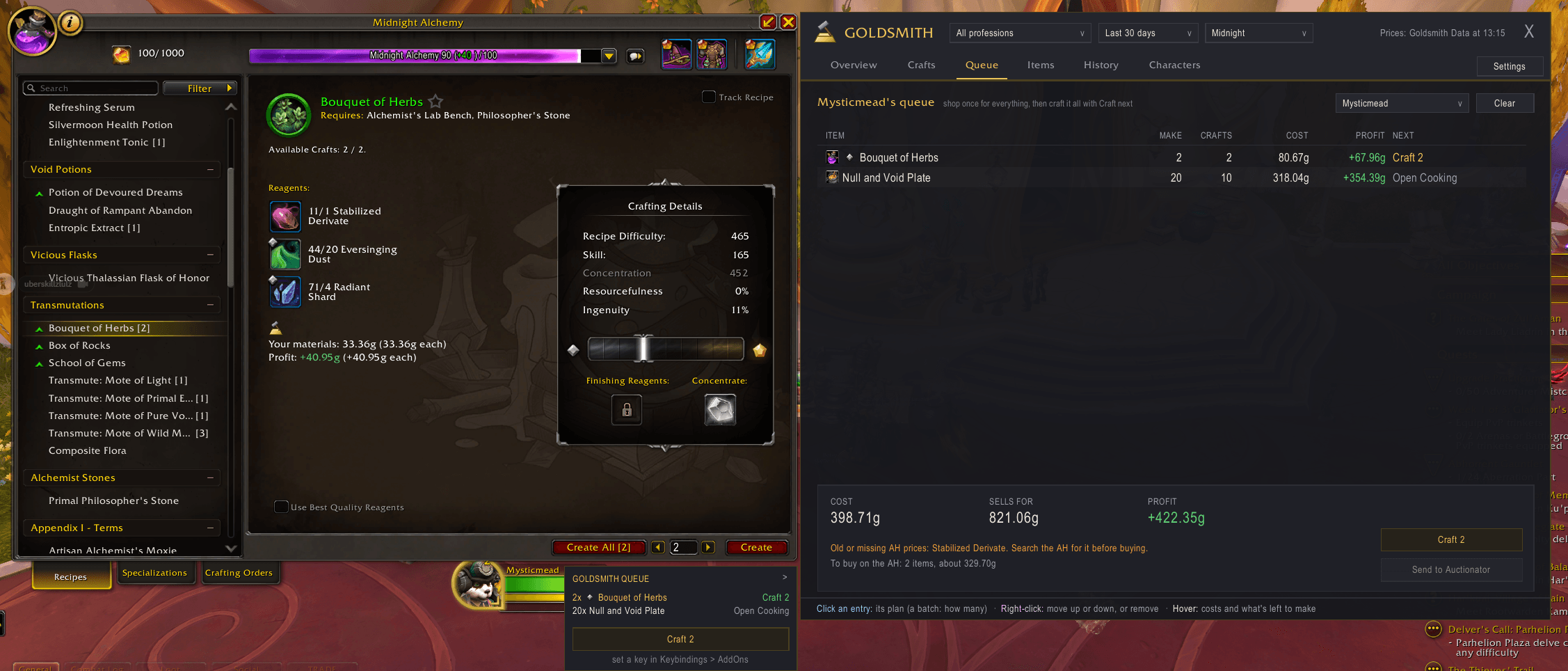 Thumbnail Queue crafts across your characters, buy everything with one shopping list, then craft it all with Craft next: one key press per craft, right by the profession window.