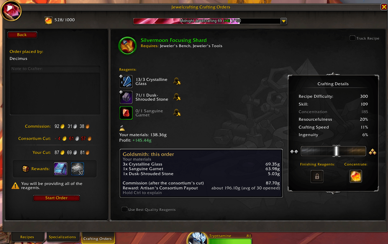 Thumbnail In the game's Crafting Orders window: the materials you supply at what they cost you, the commission after the consortium's cut, and rewards like payout bags at what's usually inside.