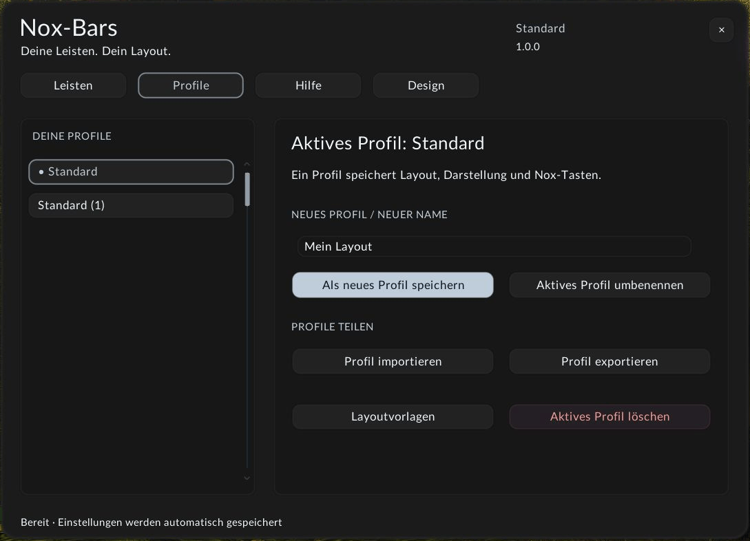 Create and share your Nox-Bars layout with other players. Export a profile as text, send it to a friend, then import it as a separate profile. Layout settings, colors, rules and bindings created in Nox-Bars travel with the profile.