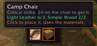 Thumbnail At the fire, one click places your camp object. Tooltips show your materials.