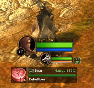 The pet panel shows happiness, loyalty and health. Click the button beside it to feed your pet.