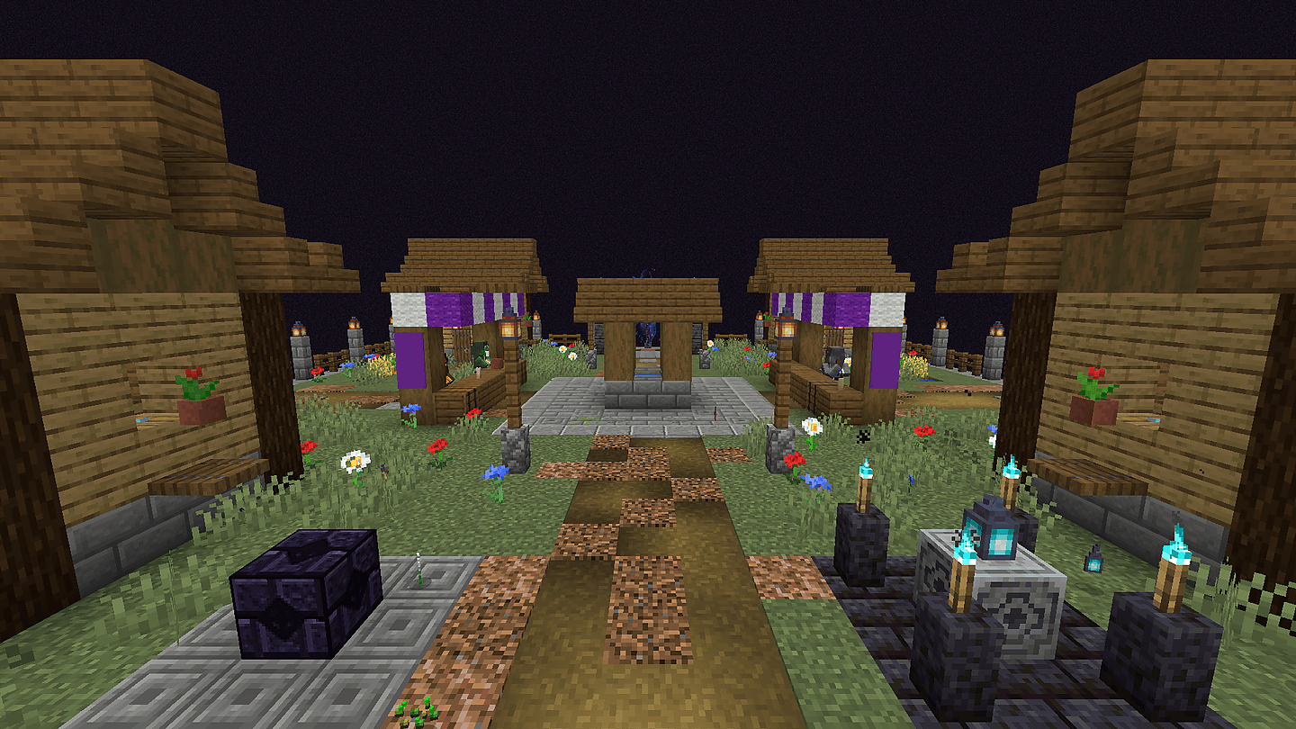 Thumbnail Every Spire floor starts in a safe town. Walk the lantern-lit street past bannered vendor stalls to the roofed well and the portal dais.