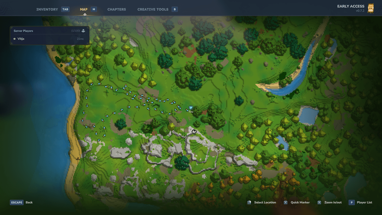 An explored surface region and saved places on the large map