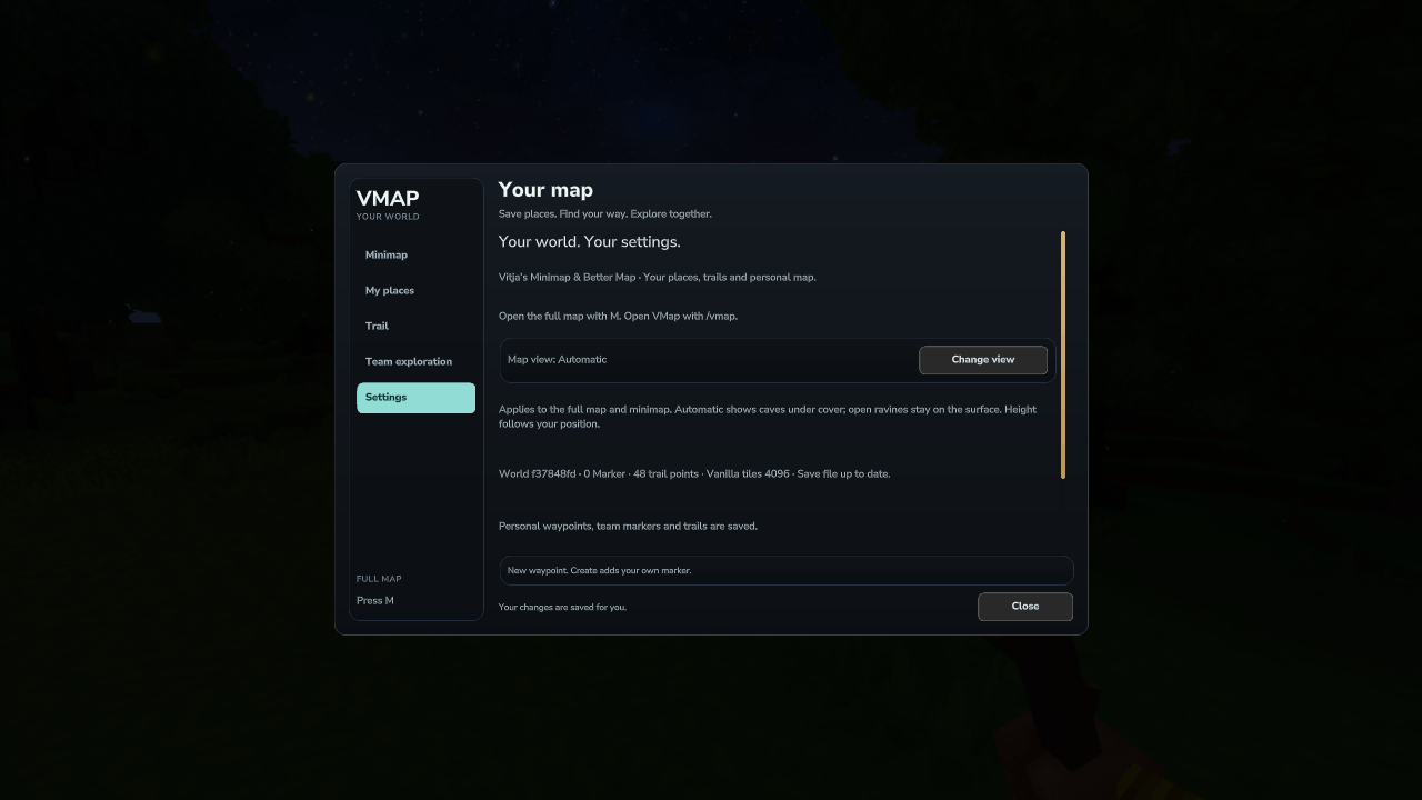 Settings for Automatic, Surface and Cave map views