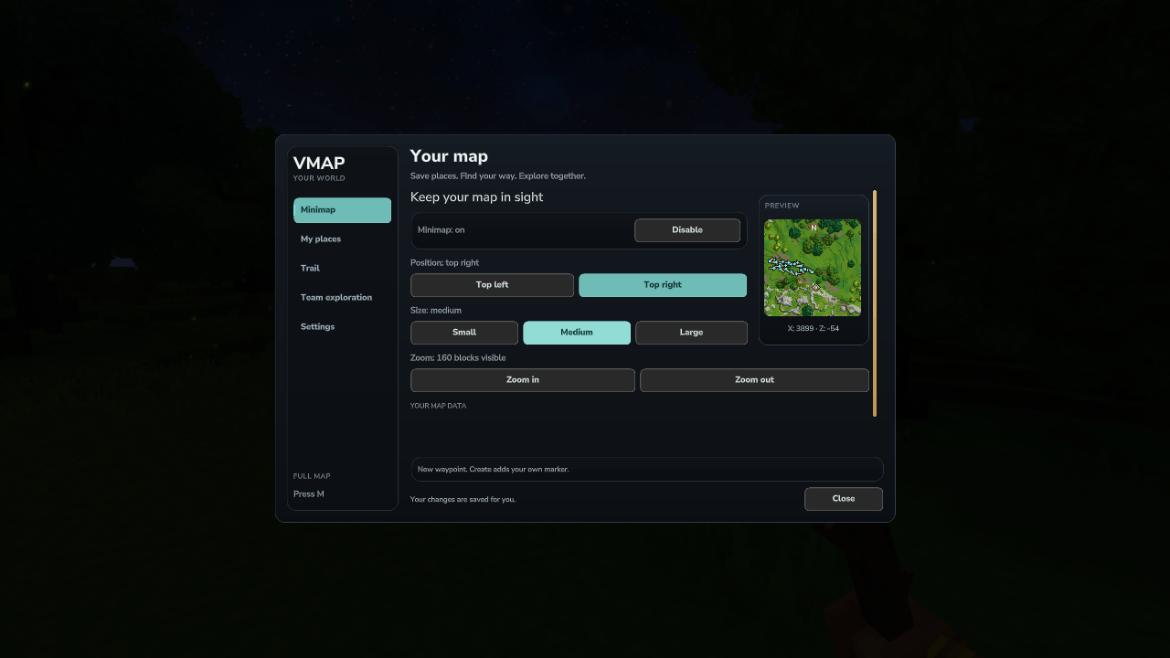 Minimap position, size and zoom controls with a live preview