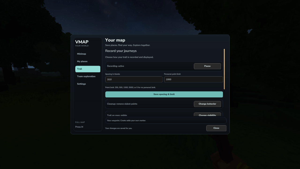 Trail recording, spacing and storage settings