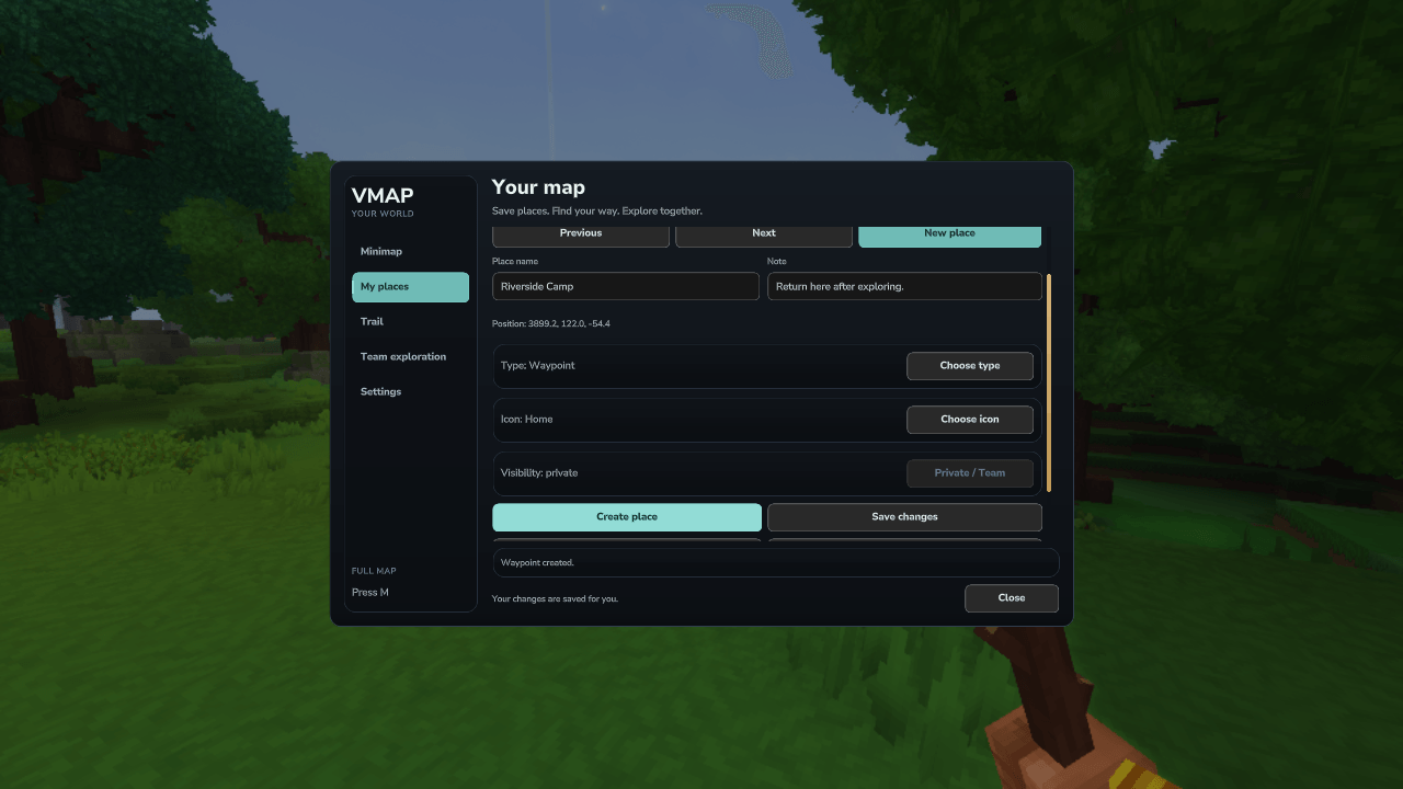 A named personal waypoint and its editing controls