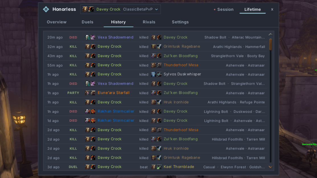 Thumbnail History: every fight with class/race icons, place and killing spell.