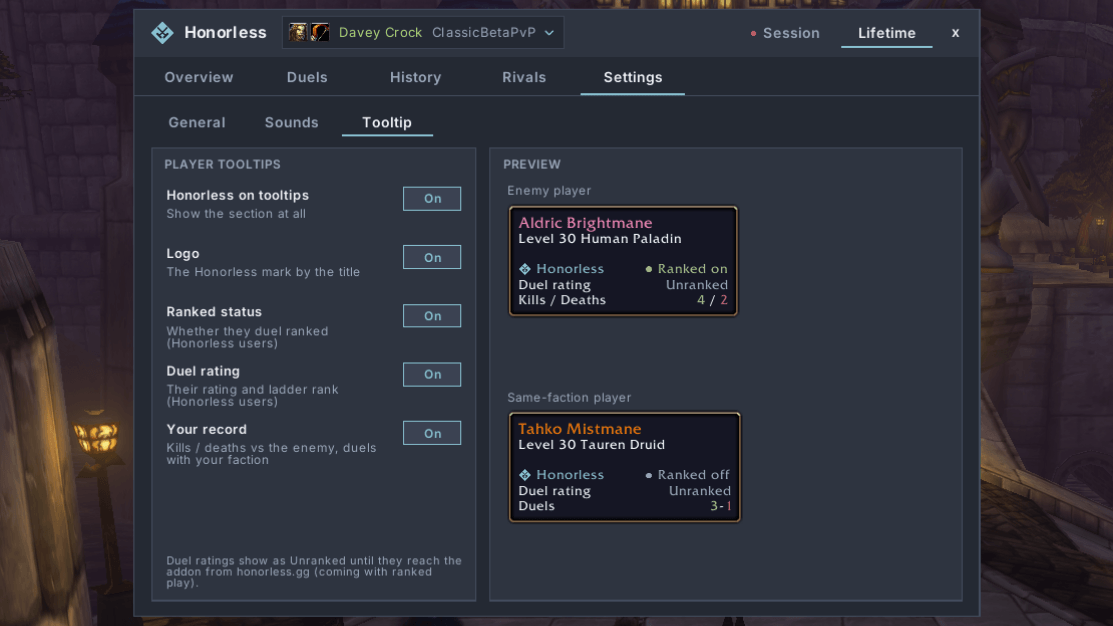 Thumbnail Settings > Tooltip: what Honorless adds to player tooltips, with a preview.