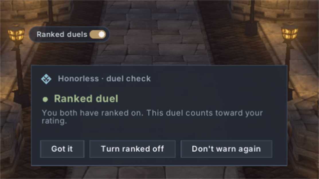 Thumbnail The Ranked duels switch and the duel check popup when both players have ranked duels enabled.