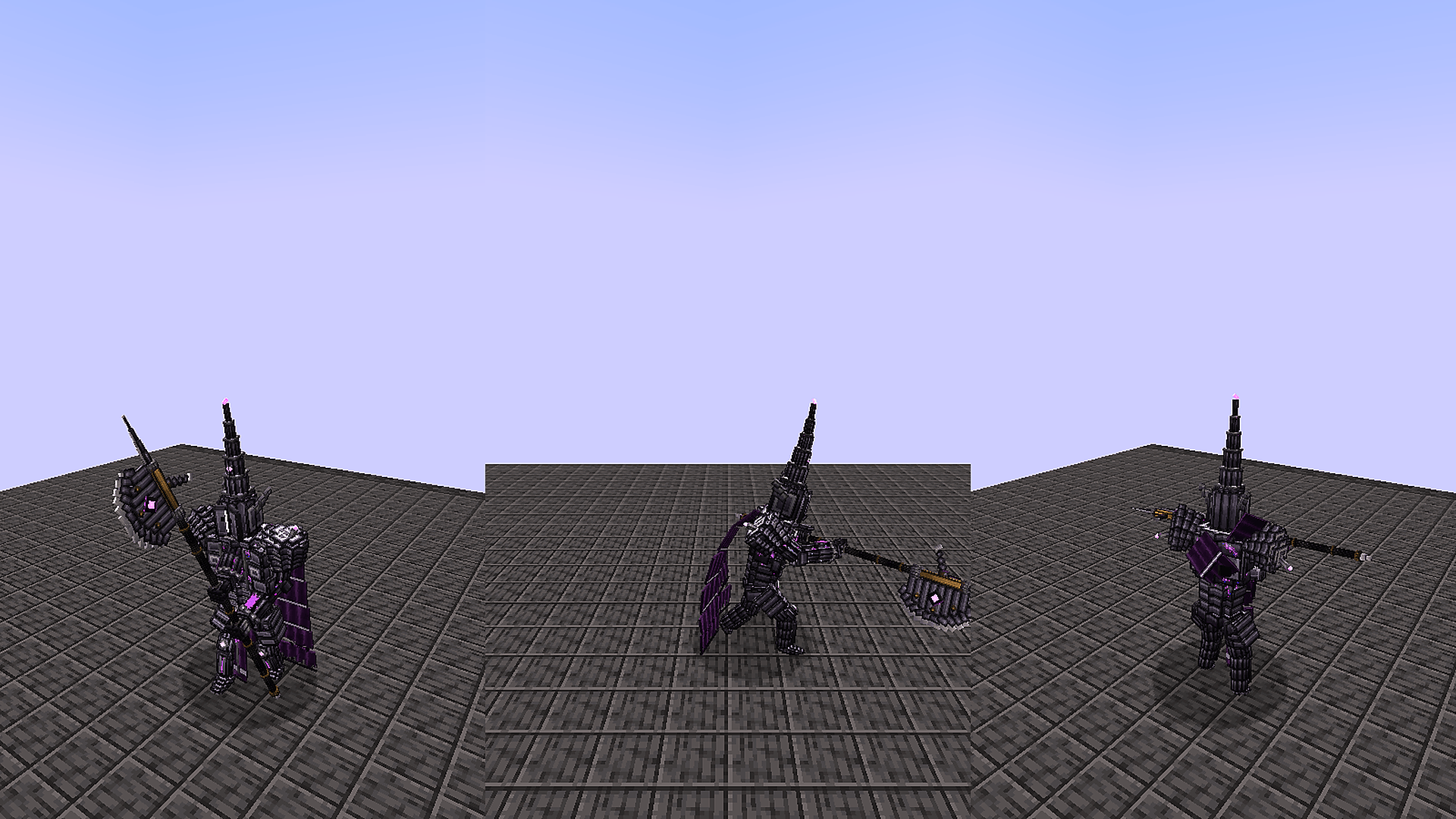 Thumbnail The crescent-axe halberd held two-handed through the guard, the overhead chop and the Spire Wheel spin.