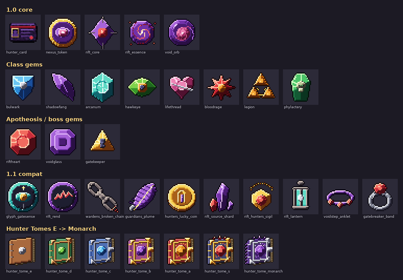 Thumbnail Gate cores, class gems, sigils and Monarch relics, each with a hand-painted icon.