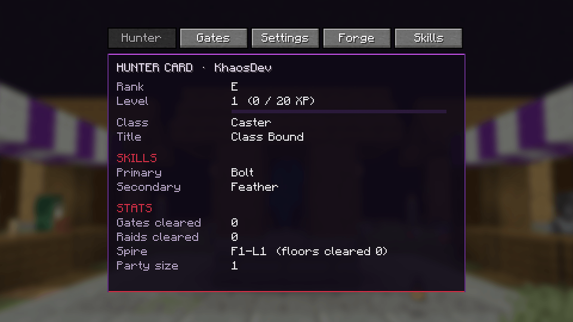 Thumbnail Your rank, level, class, title, skills and stats on one screen, with tabs for Gates, Settings, Forge and Skills. Every new hunter gets one on their first join.