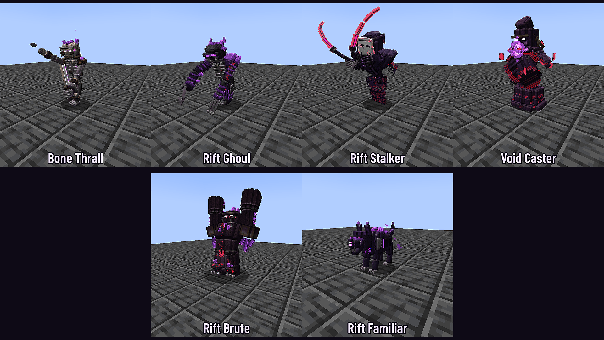 Thumbnail The 6 sculpted rift mobs mid-attack: Bone Thrall, Rift Ghoul, Rift Stalker, Void Caster, Rift Brute and Rift Familiar.