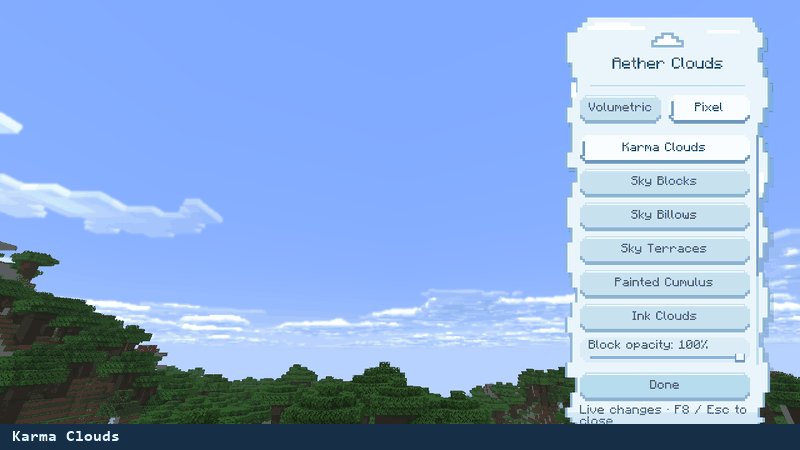 Six pixel cloud styles demonstrated in Minecraft