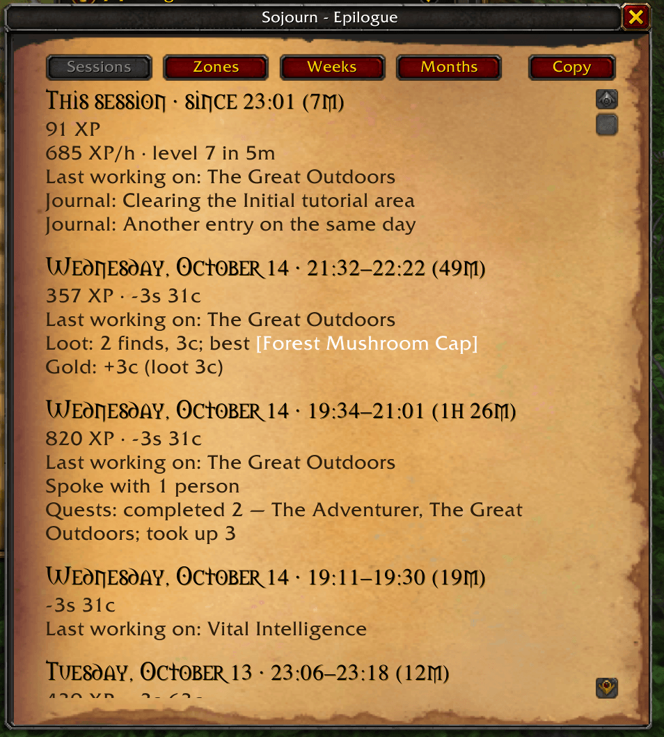 Thumbnail The Epilogue window that gives you a TLDR of the last sessions. Can also do zones, or past week or month.