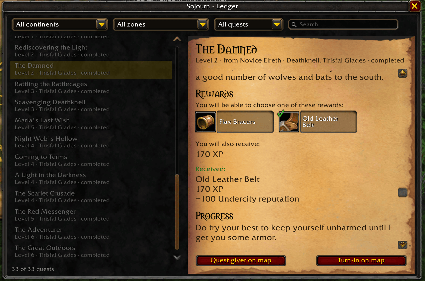 Thumbnail This is the quest tracking system that lets you view all past quests and what gear you chose as your reward. Can even recall the map location for the quest pickup and turn in if Sojourn was loaded at the time of the quest.