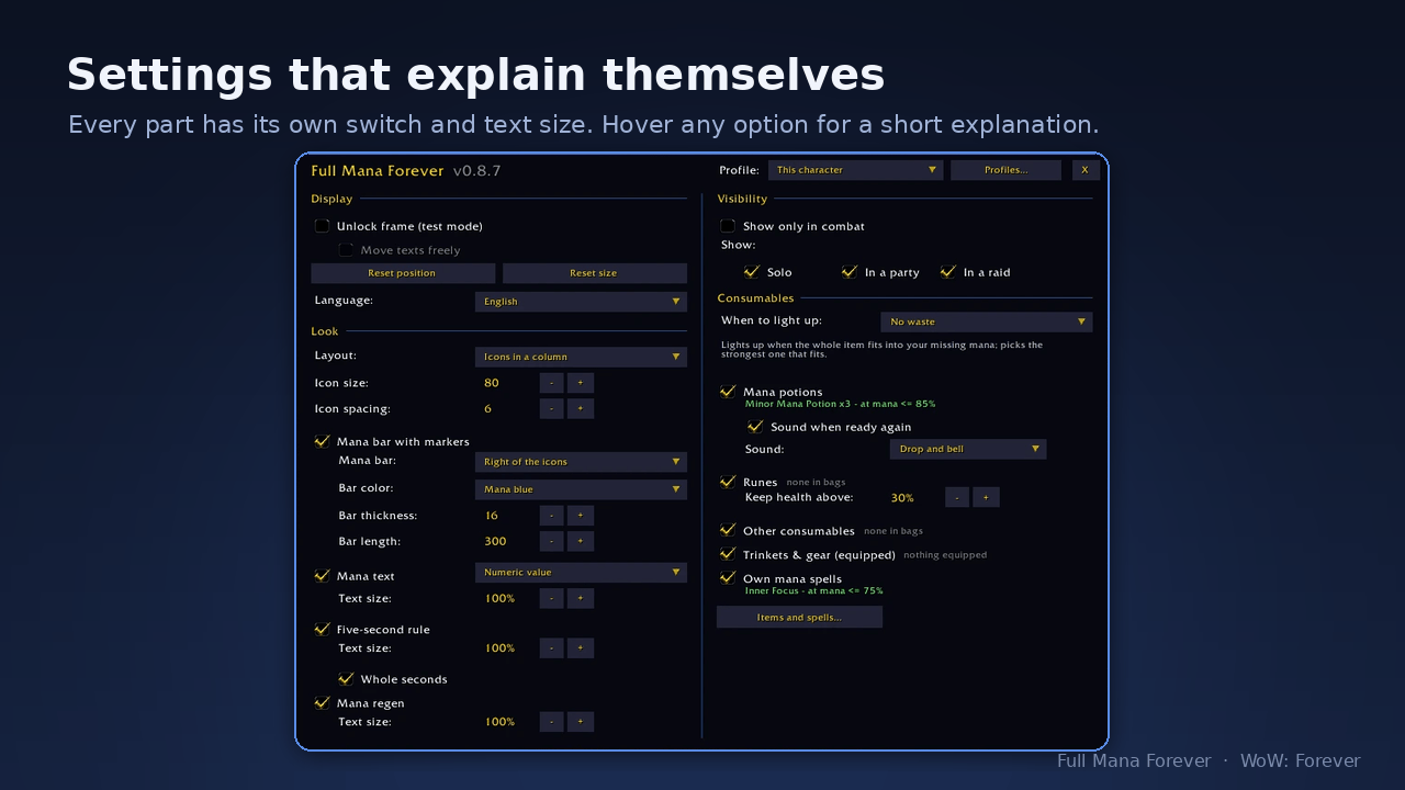 Thumbnail Every part has its own switch and text size. Hover any option for a short explanation. Items and spells opens the list of everything the addon knows.