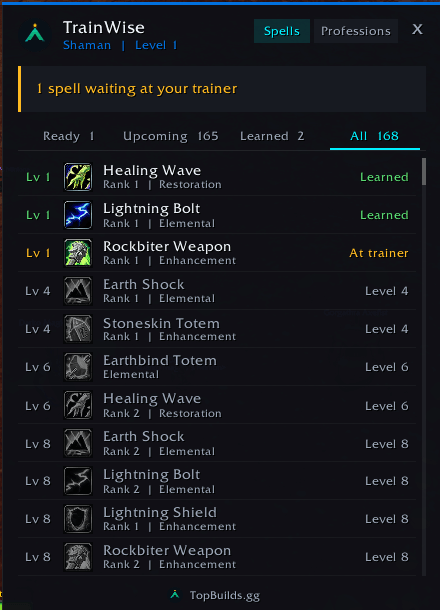 Thumbnail All tab: every class spell with its status. Green is learned, orange is ready at your trainer, grey unlocks at a higher level.